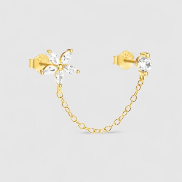 Zarcillo Doble Flor + Punto de Luz con Cadena Plata 925